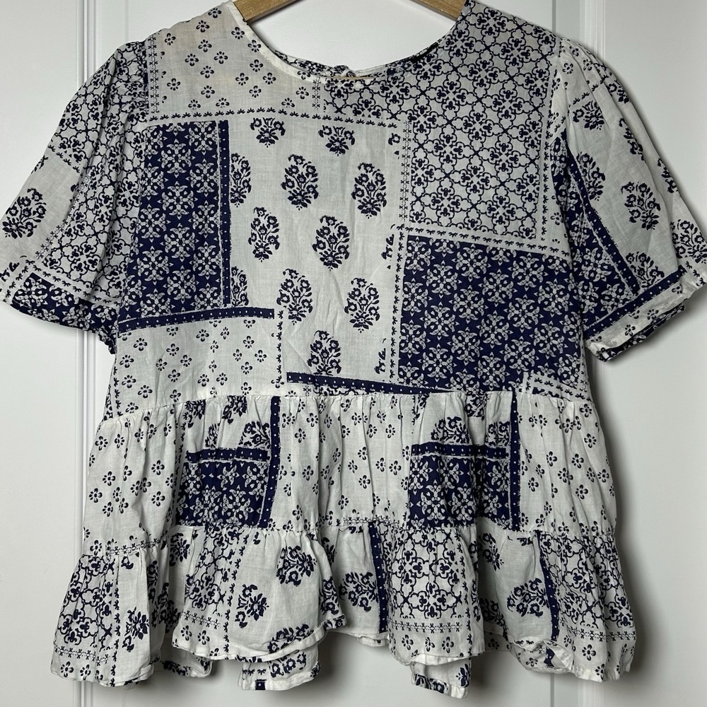 Forever‎ 21 100% Cotton Navy White Mixed Print Patchwork Puff Sleeve Peplum Top